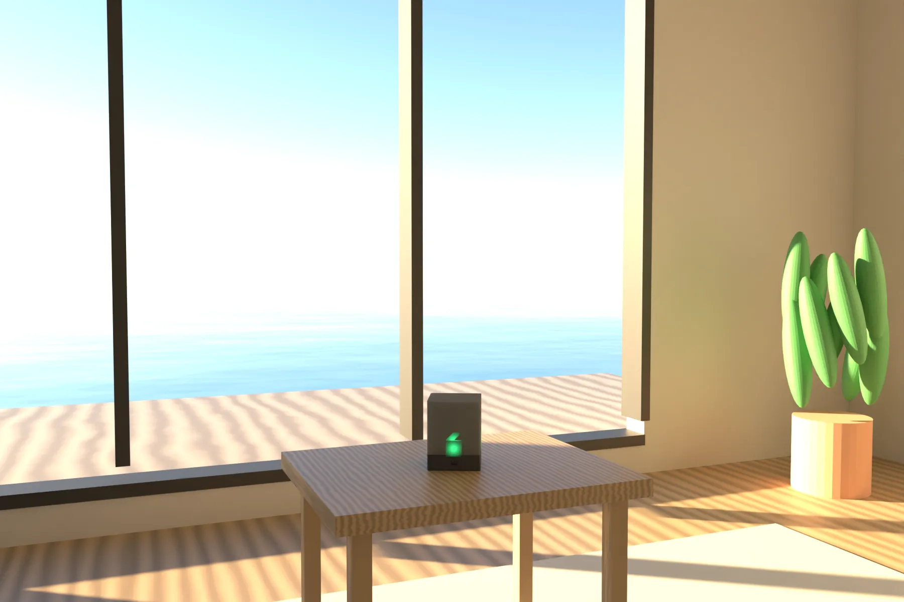 Salón frente al mar, la lámpara Calme sobre una mesa de madera, LED verdes: todo en calma